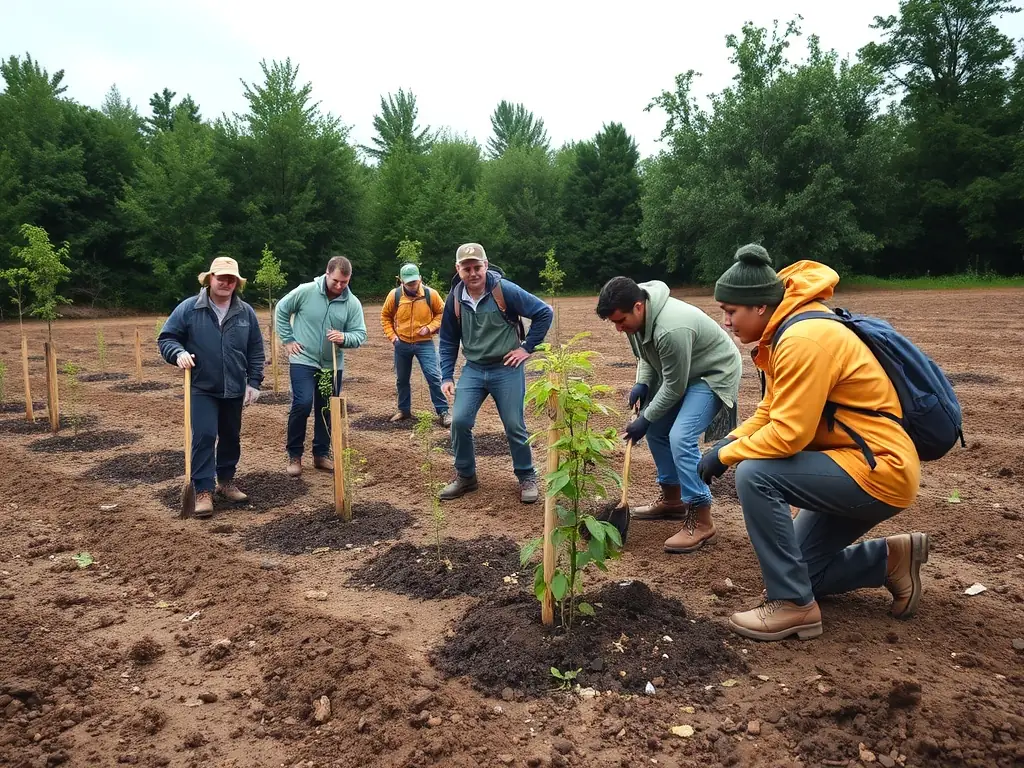 A photograph capturing a group of volunteers planting trees in a deforested area, illustrating the organization's reforestation program.