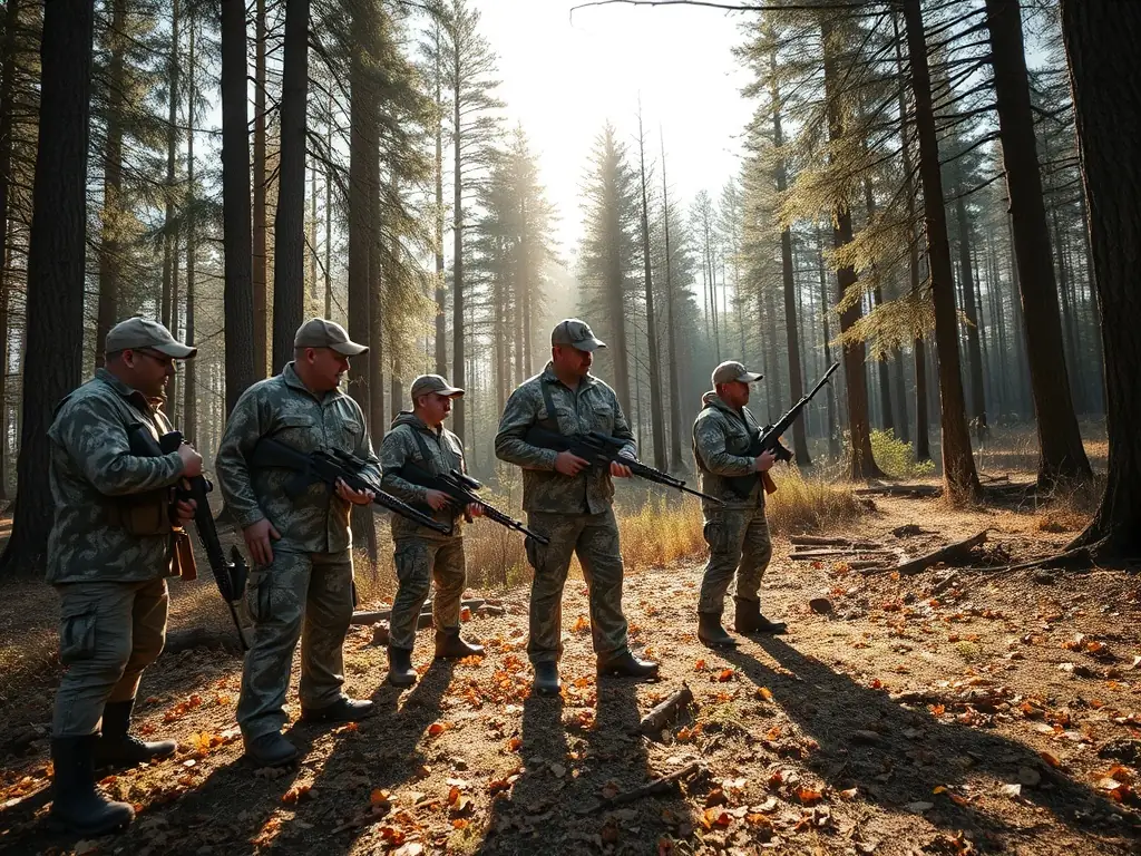 A group of hunters participating in a supervised hunting activity in a forest, emphasizing safety and ethical hunting practices.