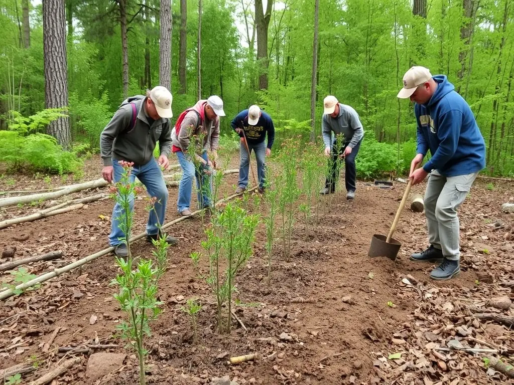 A photograph showing members of ASSOCIATION COMMUNALE DE CHASSE AGREEE DE LAVEISSENET participating in a habitat restoration project, planting native trees and shrubs in a deforested area. The image should highlight the organization's commitment to environmental stewardship.