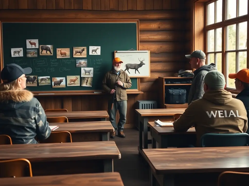 A classroom setting where experienced members are teaching new hunters about wildlife management and ethical hunting practices.