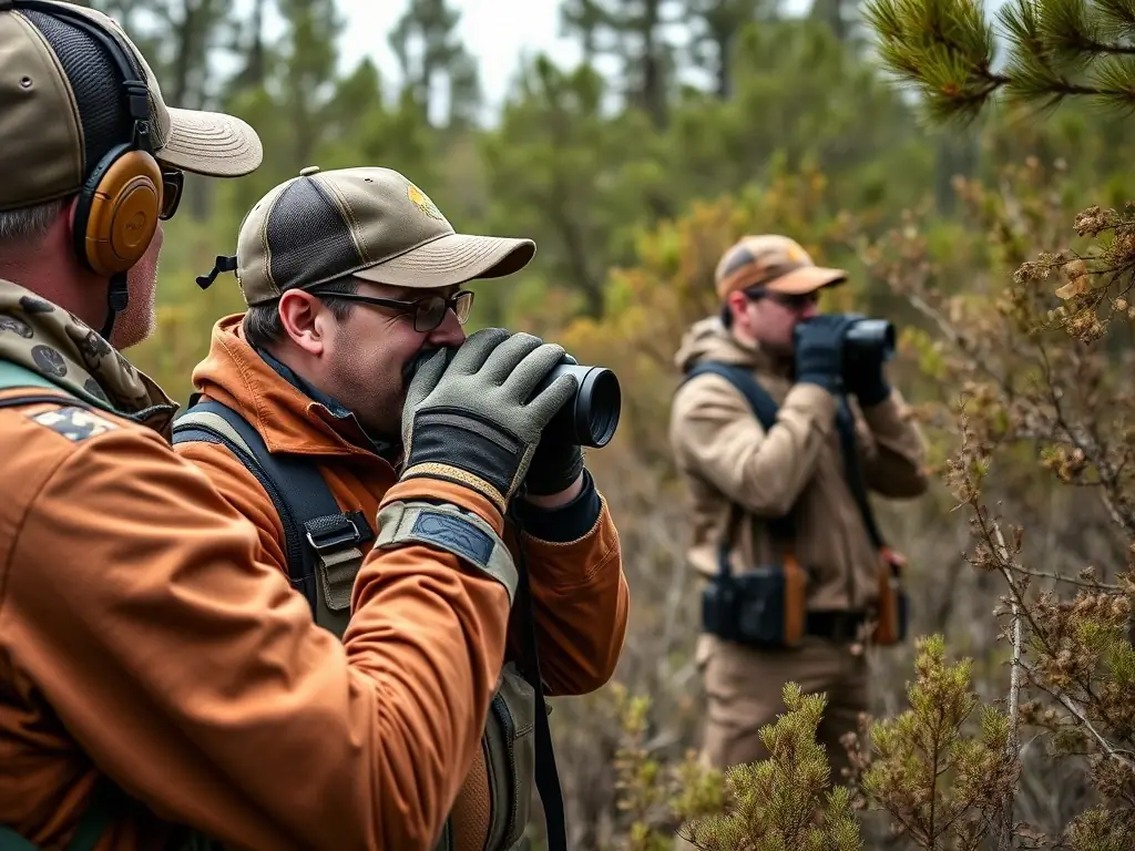 A photograph depicting members of ASSOCIATION COMMUNALE DE CHASSE AGREEE DE LAVEISSENET participating in a wildlife census activity in the Laveissenet region. The image should convey a sense of dedication to wildlife conservation and scientific data collection.