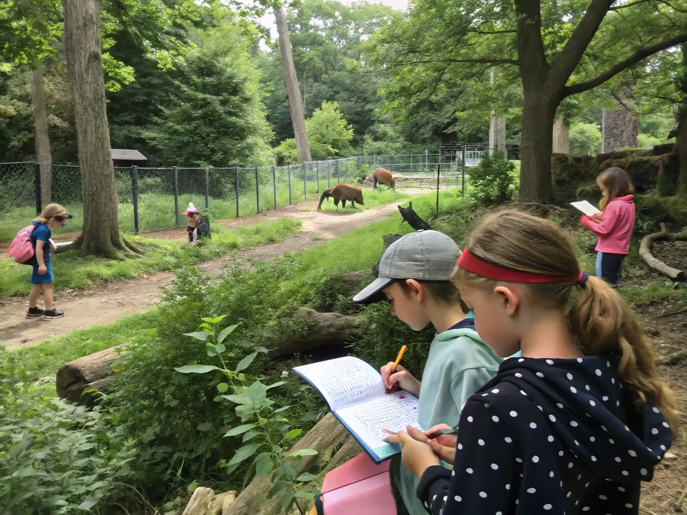 A group of children participating in a nature walk, learning about local flora and fauna, as part of an educational outreach program by ASSOCIATION COMMUNALE DE CHASSE AGREEE DE LAVEISSENET.